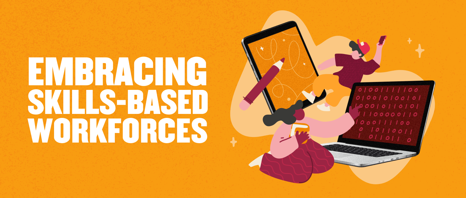 embracing skills-based workforce illustration, diverse individuals engaged with digital devices on an orange background